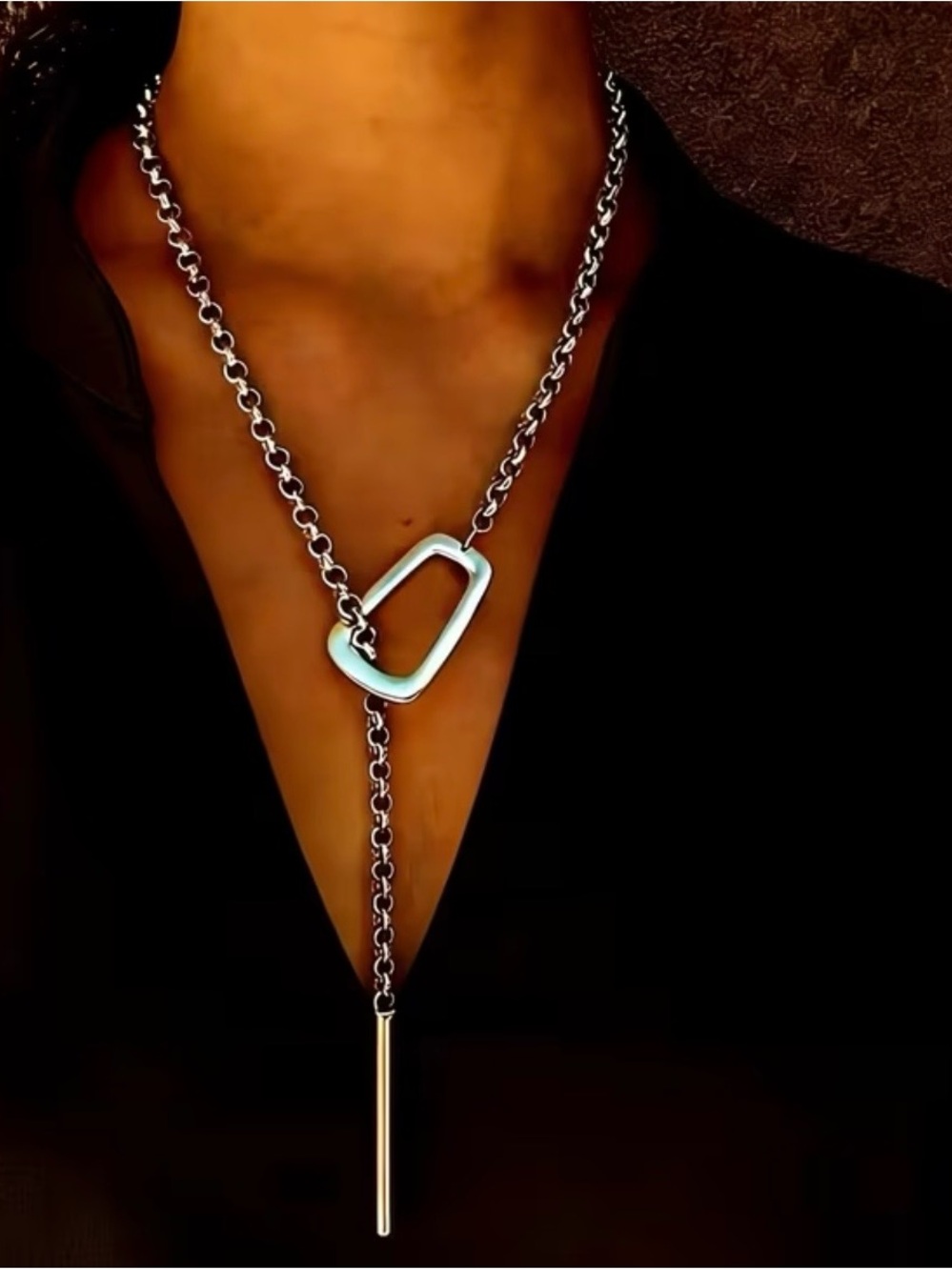 Sterling Silver Drop Lariat Necklace - Modern Geometric Pendant